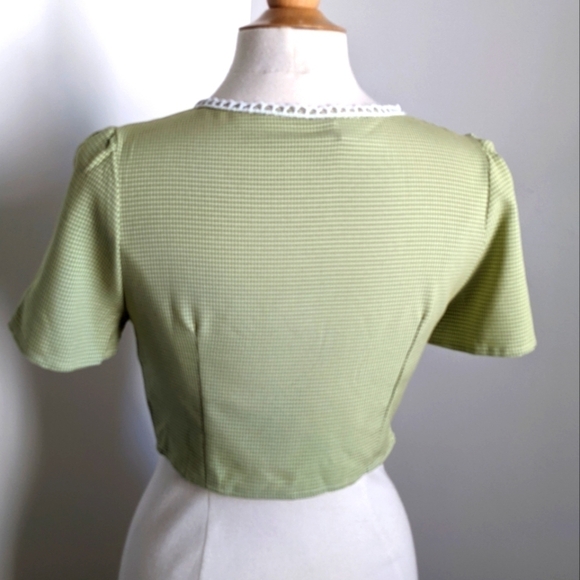 𝅺CROPPED green gingham blouse with lace trim 6 Spring Summer Twee Retro - Picture 6 of 12